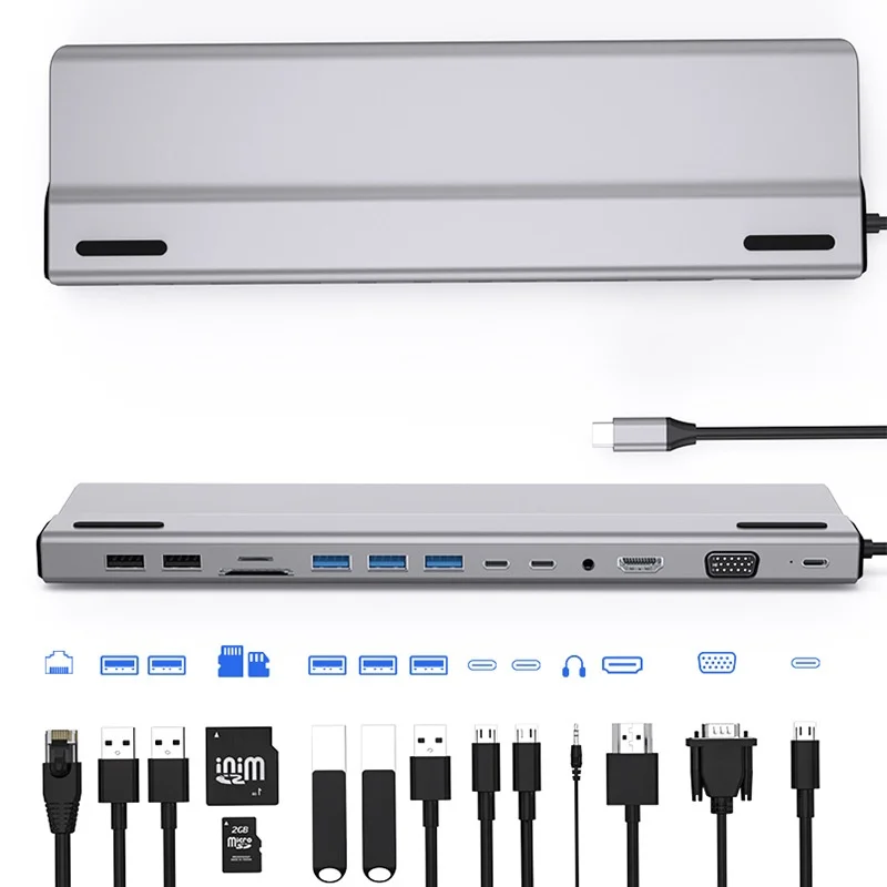 Custom OEM ODM 14-in-1 Type C Docking Station USB Hub USB3.0 RJ45 Gigabit For Expansion Dock For Computer Laptop Office Use