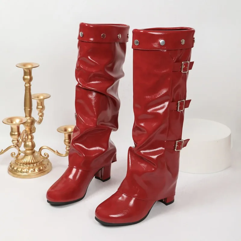 Folded Layers of Long Boots for Knights, Women's Pointed-leg Pants, Leather Belt Buckle