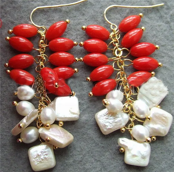 HABITOO White Pearl Red Coral Earrings Gold Plated Hook Earrings Ladies Pearl Earrings Jewelry Gift for Women