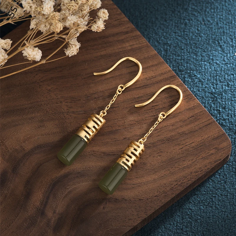 Bloggers Recomendar Chinese Elment Drop Earrings The Palace Style Retro Copper Gold-plated Imitation Jade Ear-Hook Acessórios