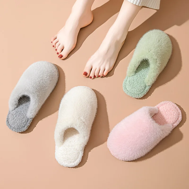 Women Slippers 2024 Autumn/winter Cotton Plush Flat Bottomed Shoes Comfort Warm Lightweight Home Cotton Slippers Chanclas Mujer