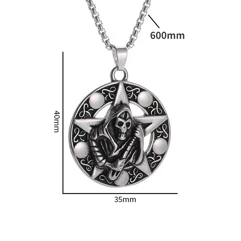 Classic Retro Hell Holy Death Sickle Round Medal Pendant Stainless Steel Necklace for Men Gothic Punk Personalized Jewelry Gifts