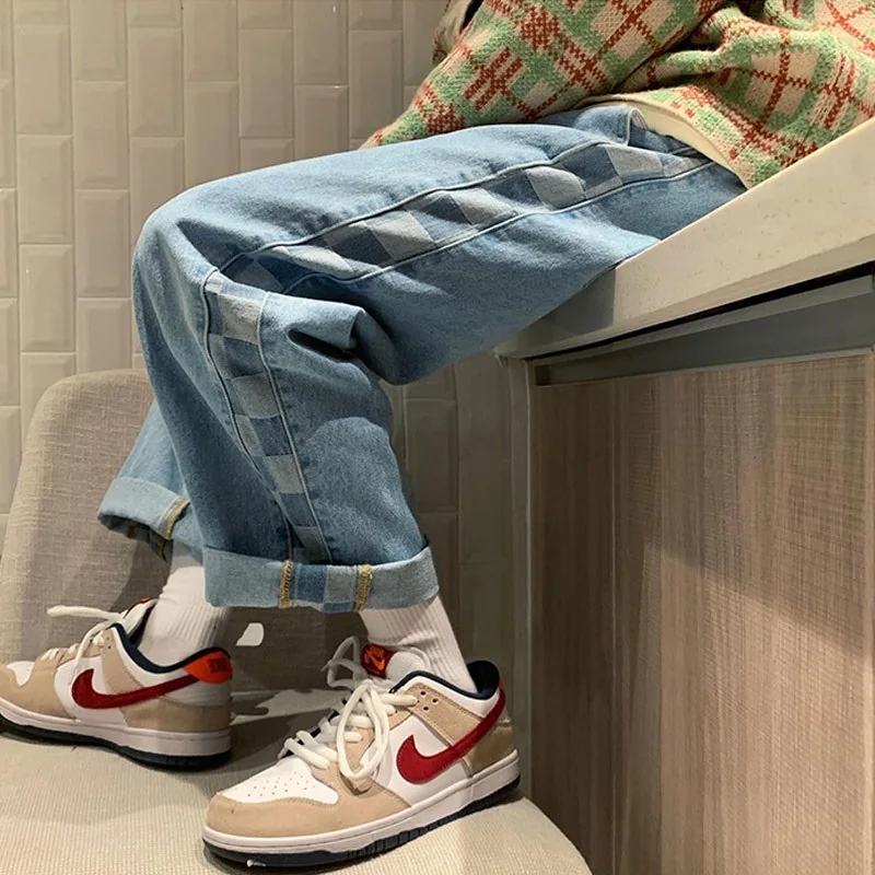 

Men's Straight Leg Denim Jeans Spring Autumn Korean Sle Trendy Loose Retro Cool Plaid Wide Leg Dad Pants Long