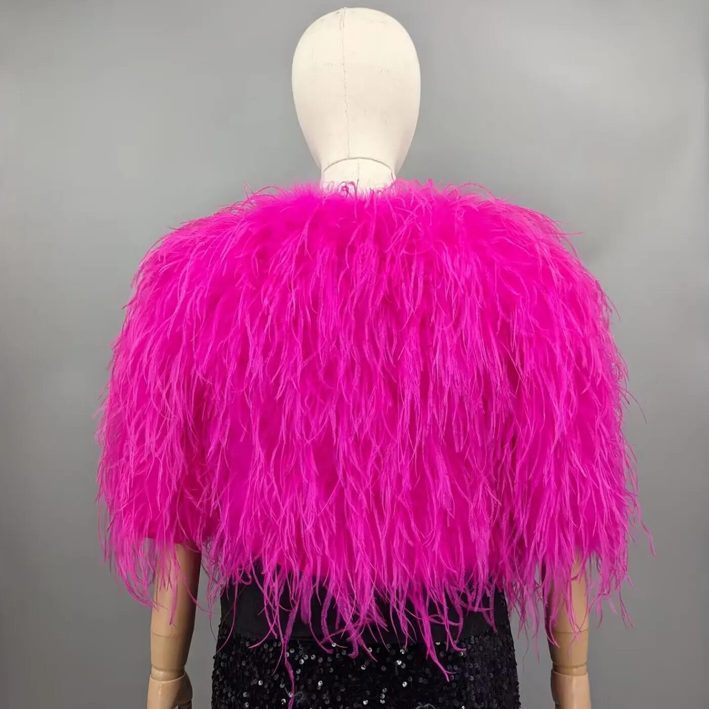 Women Hot Pink Real Ostrich Feather Half Sleeve Cape Crop Top Wedding Cocktail Party Banquet Evening Shawl Cover Up 21A0707