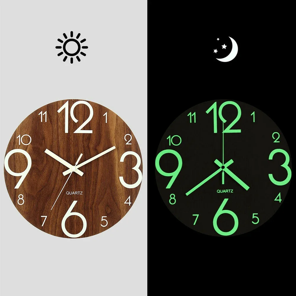 Luminous Wall Clock 12 Inch Wooden Silent Non-Ticking Kitchen Wall Clocks With Night Lights For Indoor/Outdoor Living Room Bed