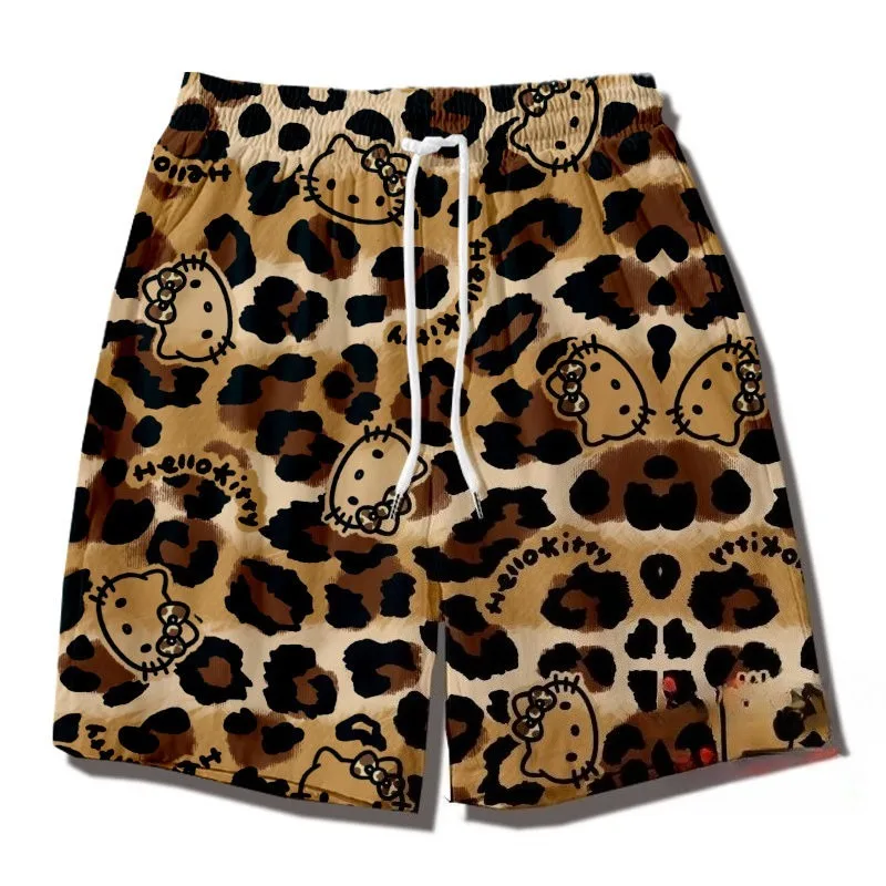 Miniso Sanrio verano mujeres dibujos animados transpirable de secado rápido Hello Kitty leopardo 3D impreso pantalones cortos Y2K moda Casual pantalones deportivos