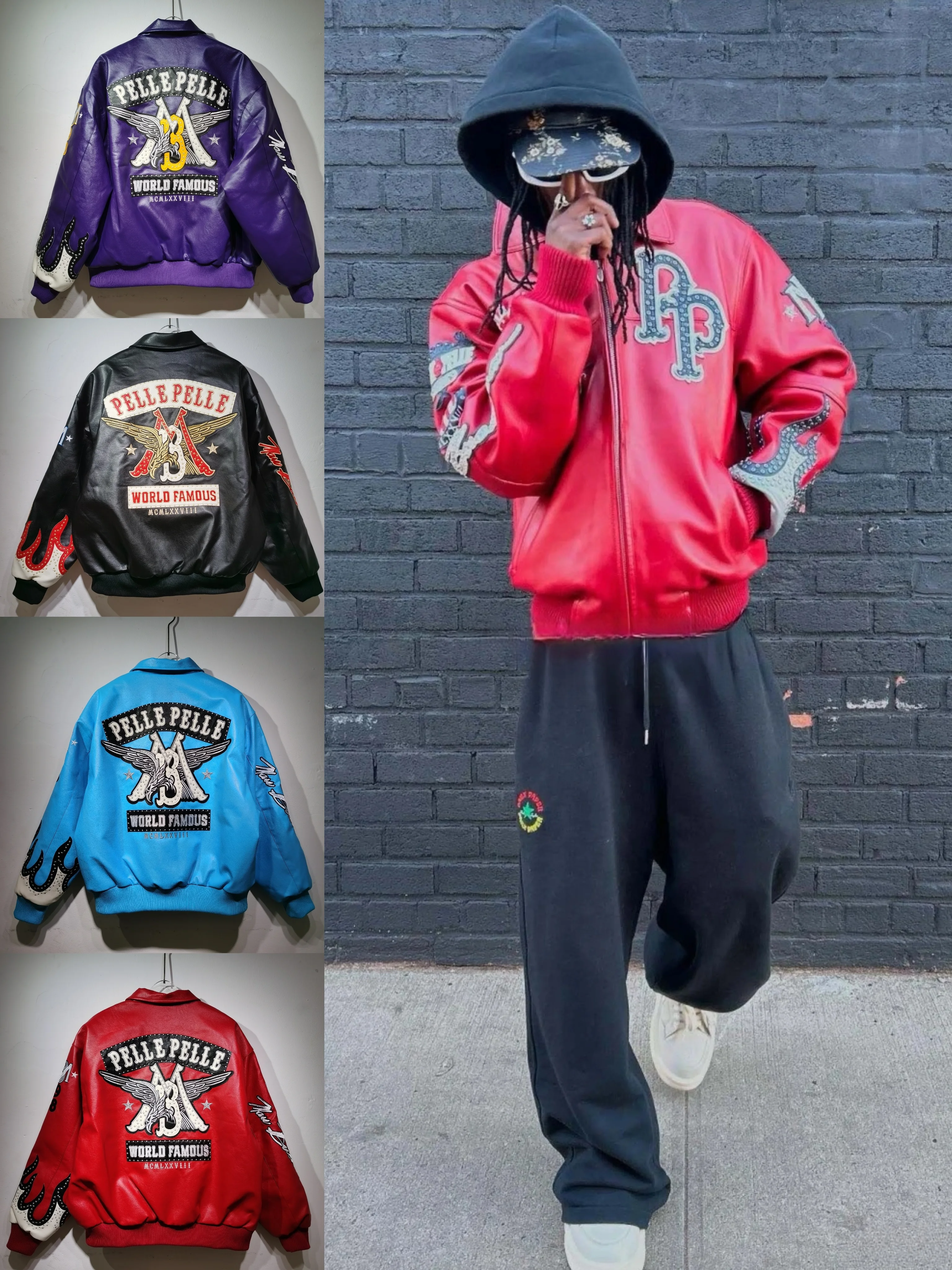 Pelle Pelle Vintage Leather Jacket Heavy Embroidery Pilot Jacket Baseball Uniform Men's Women's Outerwear Trendy Windproof Wa...