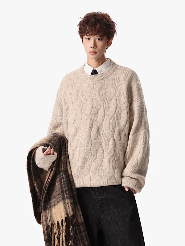 

Loose Fit Men's Knitted Sweater Autumn Winter Faion round Ne Pullover Retro Sle Twist Pattern Warm Casual Long Sve Top