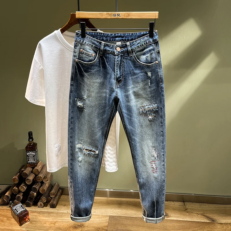 Calça jeans reta Y2K masculina, patches finos bordados, calça casual, calça elástica, estilo japonês dos anos 2000