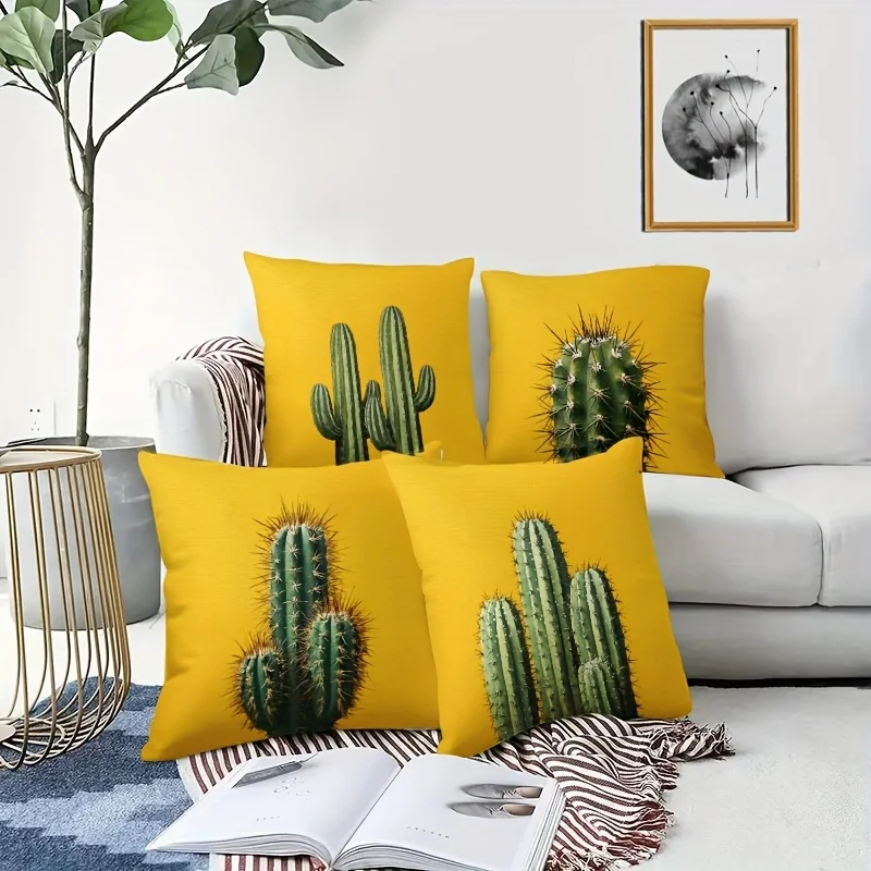 2D Flat Cactus Pillow Covers, 4pcs Set, Double Sided Print, Yellow Background Decor Cases for Sofa Home Decor