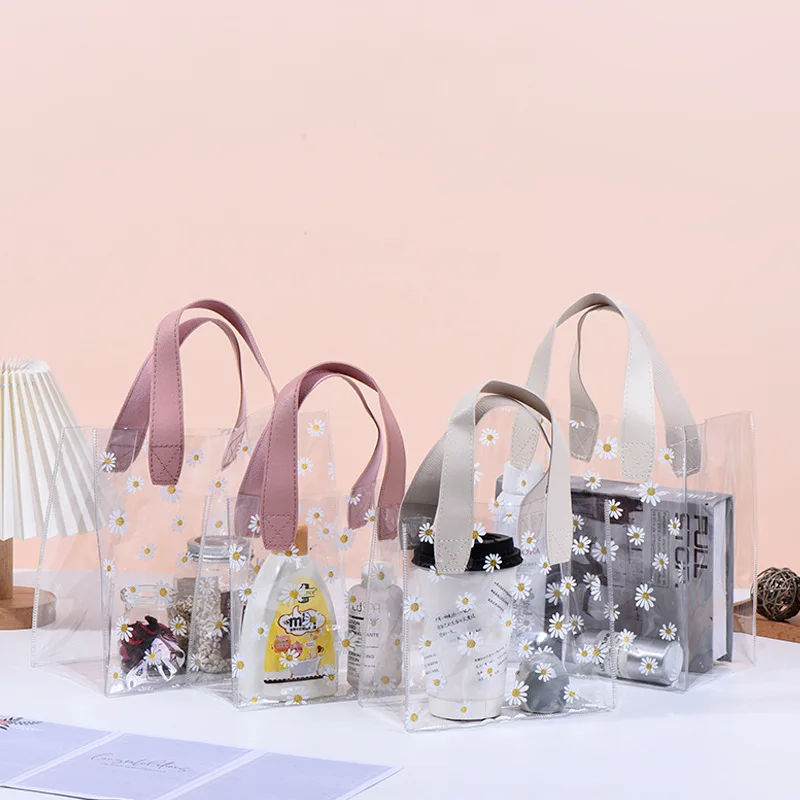 Cute Daisy Gift Packaging Bag Transparent Chrysanthemum PVC Clear Birthday Candy Wedding Party Shopping Store Bags With Handle