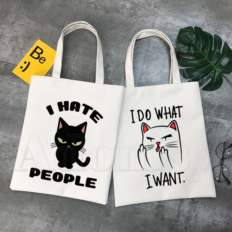 Sacola de lona para mulheres, bolsas de ombro Harajuku, gato engraçado, eu faço o que eu quero, saco de compras da Coreia Ulzzang