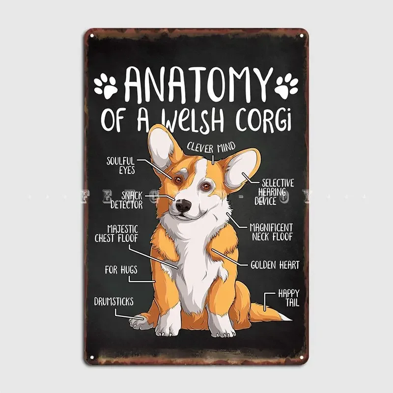 Anatomia Welsh Corgi metalowy znak dekoracja ścienna ściana jaskinia plakat Vintage znak puszka