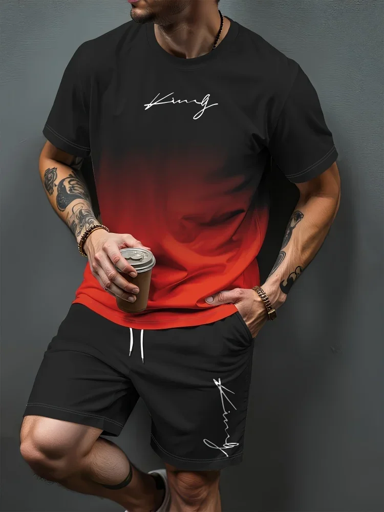 

Mens Summer Casual 3D Printed T-Shirt and Shorts Set Gradient Letter Pattern Sporty Two-Piece Set Urban Fashion Casual Trend Set