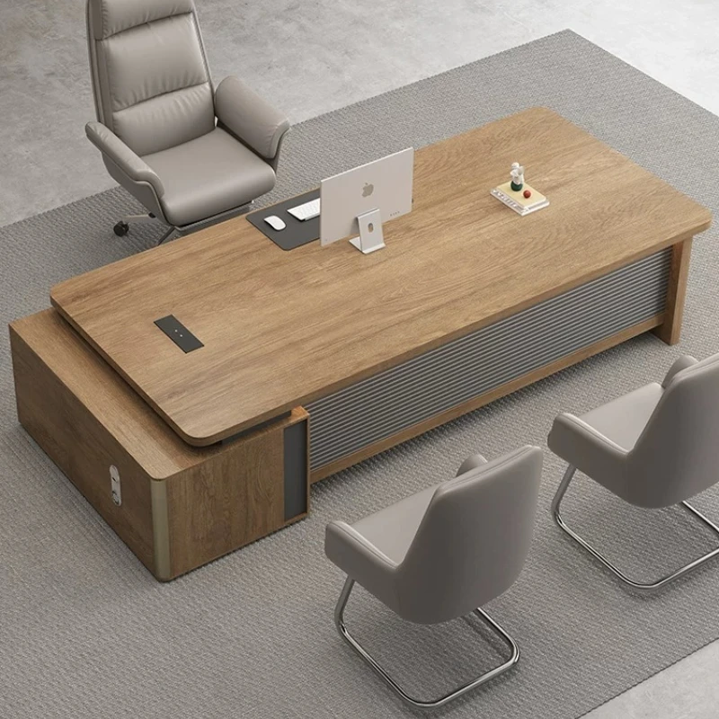 T*-Grey Office Table with Side Cabinet, Modern Workstation for Manager*-