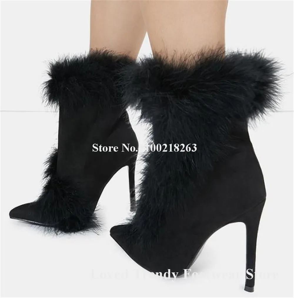 Fashion Black Fur Decorated Stiletto Heel Short Boots Pointed Toe Suede Slip-on Thin Heel Ankle Booties Big Size Winter Heels