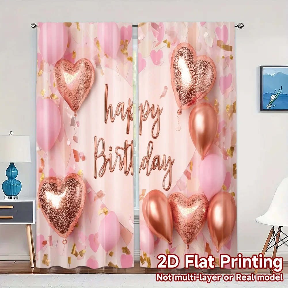 2pcs, 2D FLAT PRINTING Curtains (Without Rod) Birthday Bliss(5) Chic Print Curtains Machine Washable Fabric Curtains Room Decor