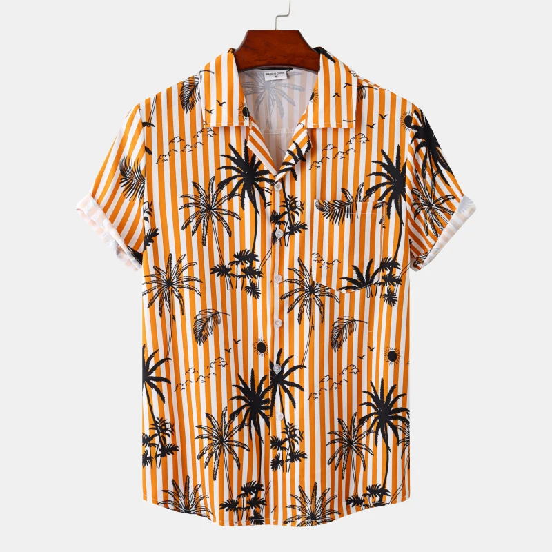 Camisa de praia havaiana masculina, estampa de coco, manga curta, top de botão de lapela, roupas masculinas, nova moda, 2023