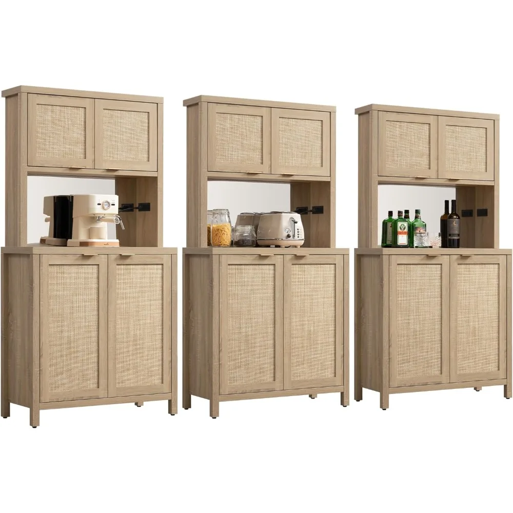 

Tall Farmhouse Kitchen Pantry Storage Cabinet - 3 Piece Rattan Pantry Cabinet with Steel Mirror, Power Outlet