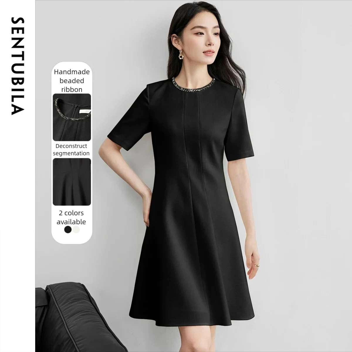 

SENTUBILA Embroidered Flares Dresses For Women 2025 Spring Hepburn Style A-line O Necl Short Sleeve Mini Party Dress 151L58192