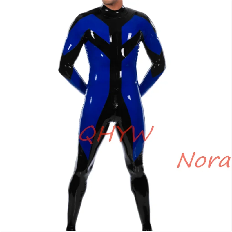 Latex Man Bodysuit Rubber Catsuit with Socks Back Zippers Cosplay Costume Blue with Black