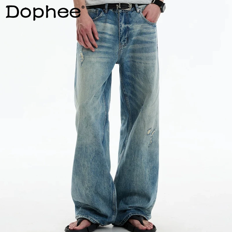 

Trendy High-end Hole Cotton Denim Pants Men Women 2026 Summer New Straight Loose Denim Trousers Pocket Decoration Handsome Jeans