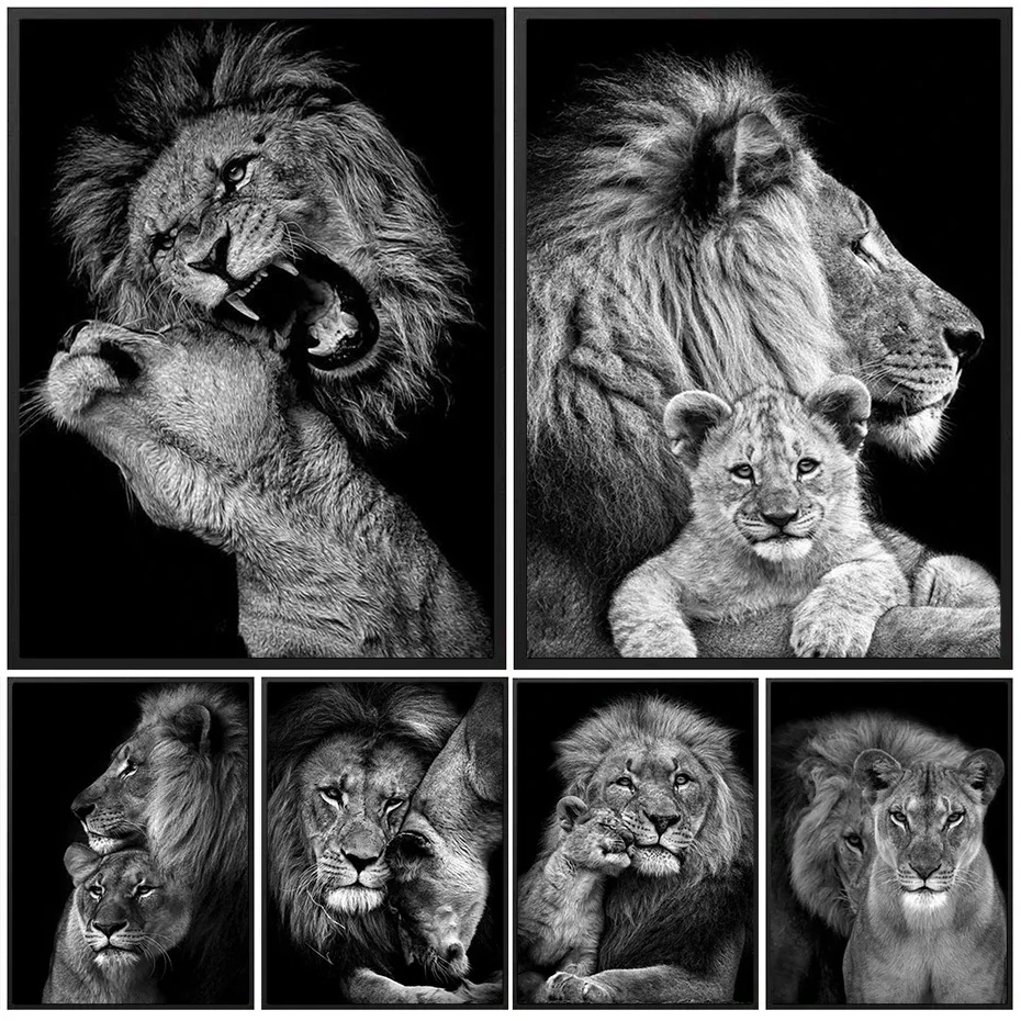 Pintura en lienzo en blanco y negro de la familia de leones, animales de la leona, póster del rey de la Savannah, imagen artística de pared para sala de estar, decoración del hogar