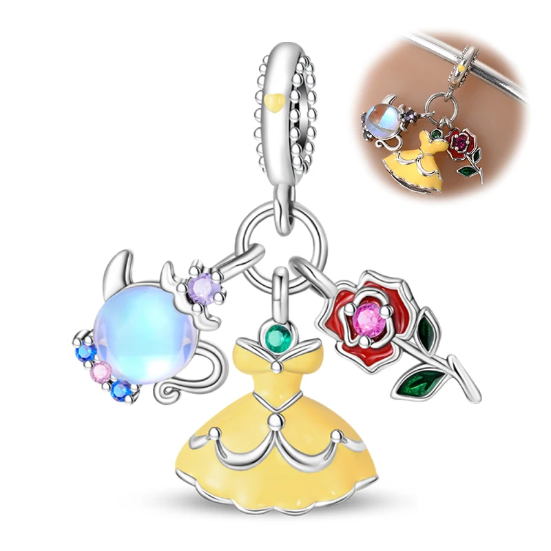 

100% 925 Stering Silver Princess Rose Charms Bead Love Yellow skirt Pendant Fit Original Bracelet DIY For Women Jewelry