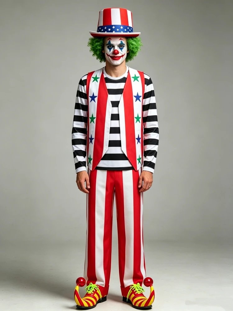 

Funny Clown Cosplay Costume Red Striped with Stars Carnival Clown Circus Themed Halloween Fancy Dress Up Men Performance Outfit