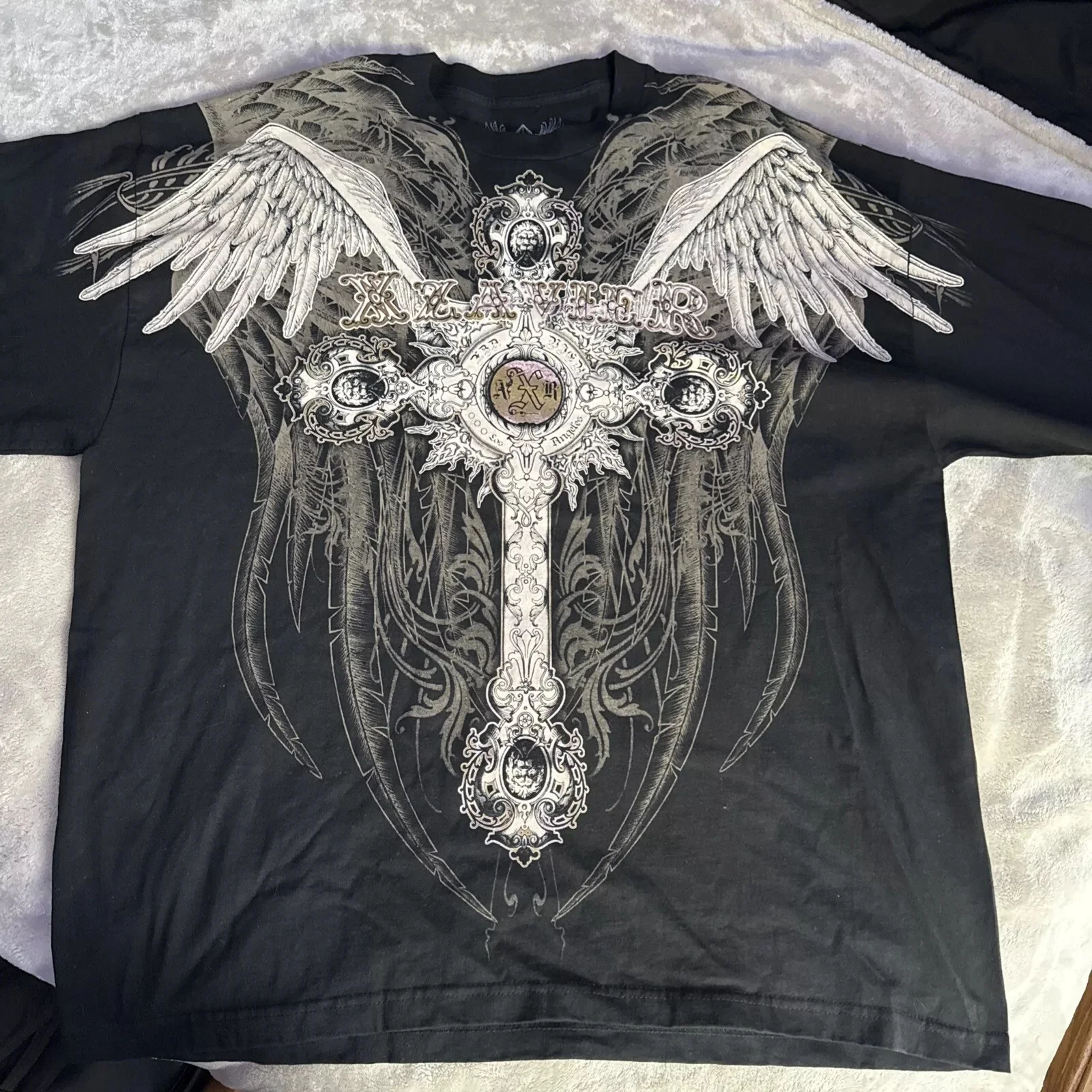 Xzavier Y2K Vintage T-Shirt Gothic Cross & Angel Print 100% Cotton