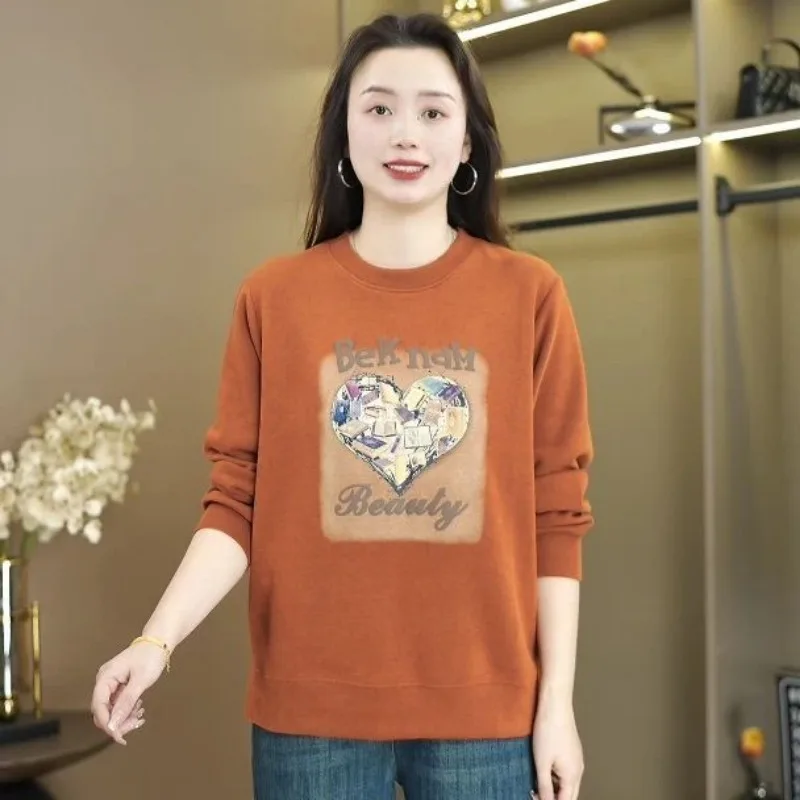 Moda solta manga comprida em torno do pescoço topo com fendas moletom casual moda outono estilo novo impresso versátil topo