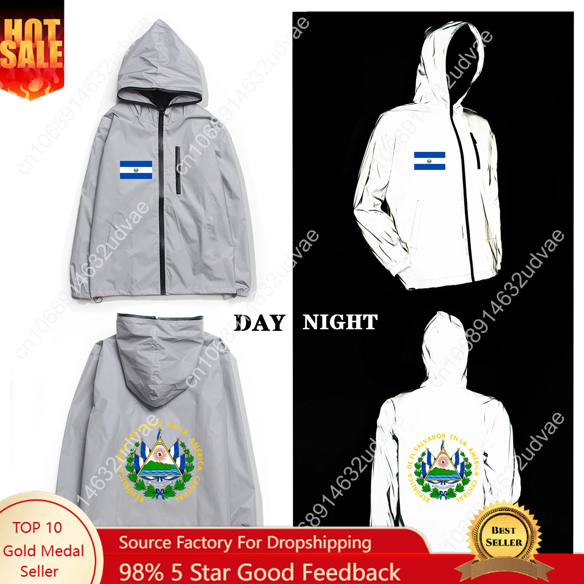 

El Salvador Flag Custom Reflective Jacket Mens Womens Coat Hooded Windbreaker Run Jackets Cycling Hiking Zipper Custom Hoodie