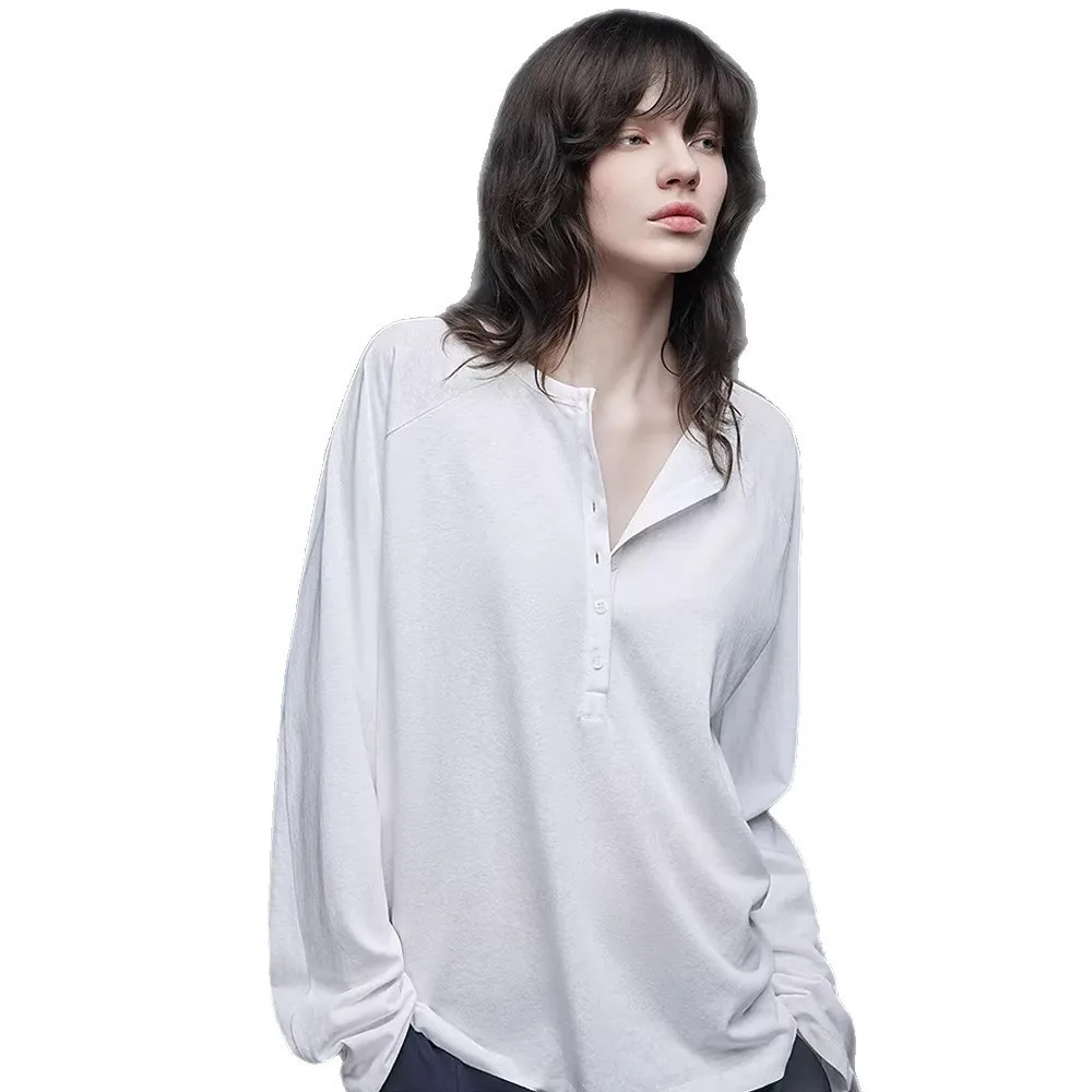 Bound Edge Long Sleeve Top Loose Fit Casual with Raglan Sleeve Henley Neck Spring T Shirts Mid Long Length Regular Fit for Women