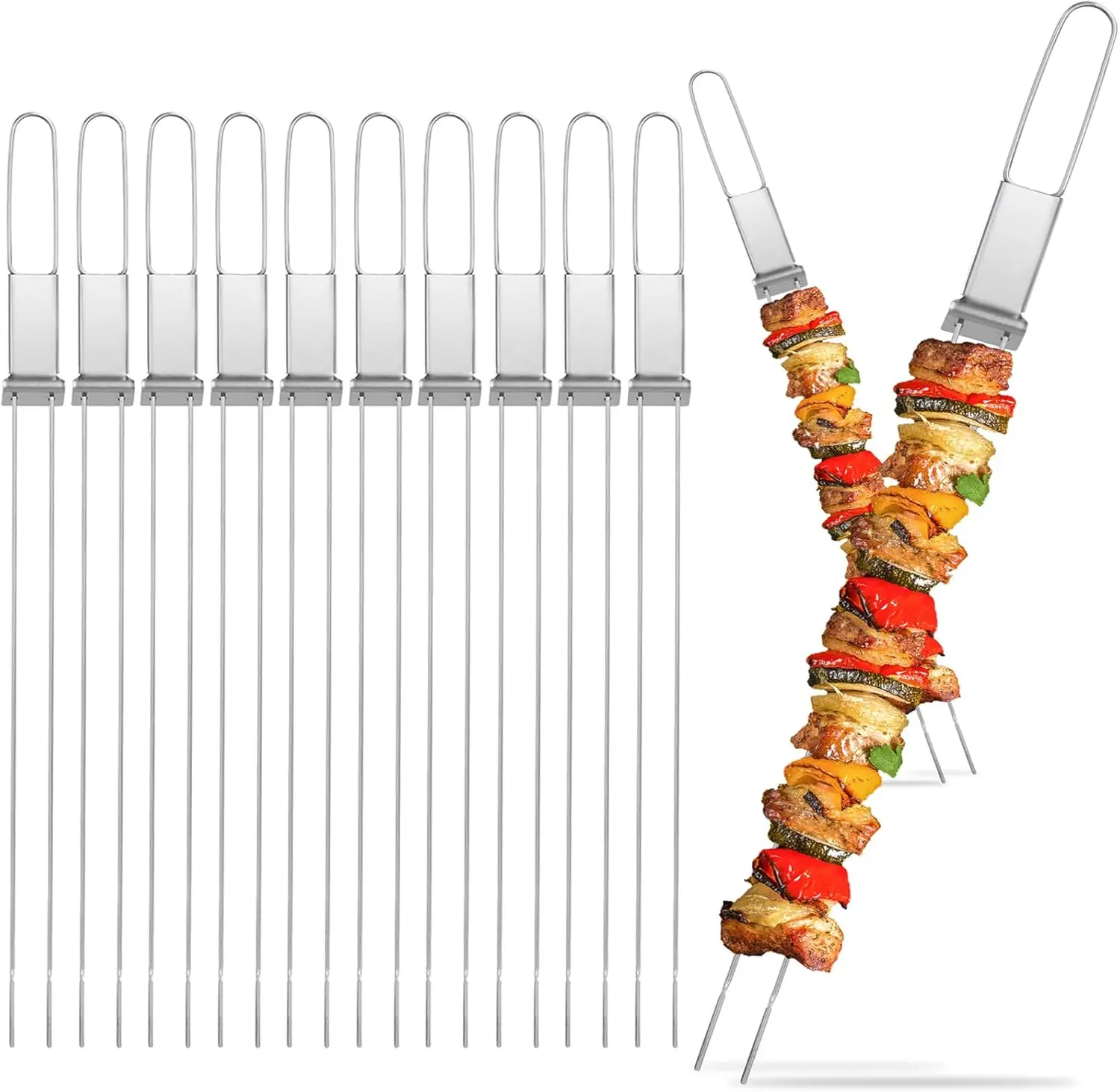 

Stainless steel barbecue skewers -17 inch 10 pack double fork anti roll flat bottom barbecue skewers