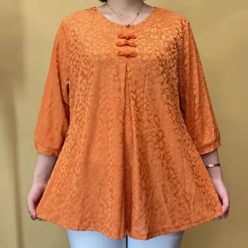 2024 New Summer Oversized Elegant Fashion Loose Casual Office Lady T-shirts for Women Print O Neck 3/4 Sleeve Chiffon Chic Tops