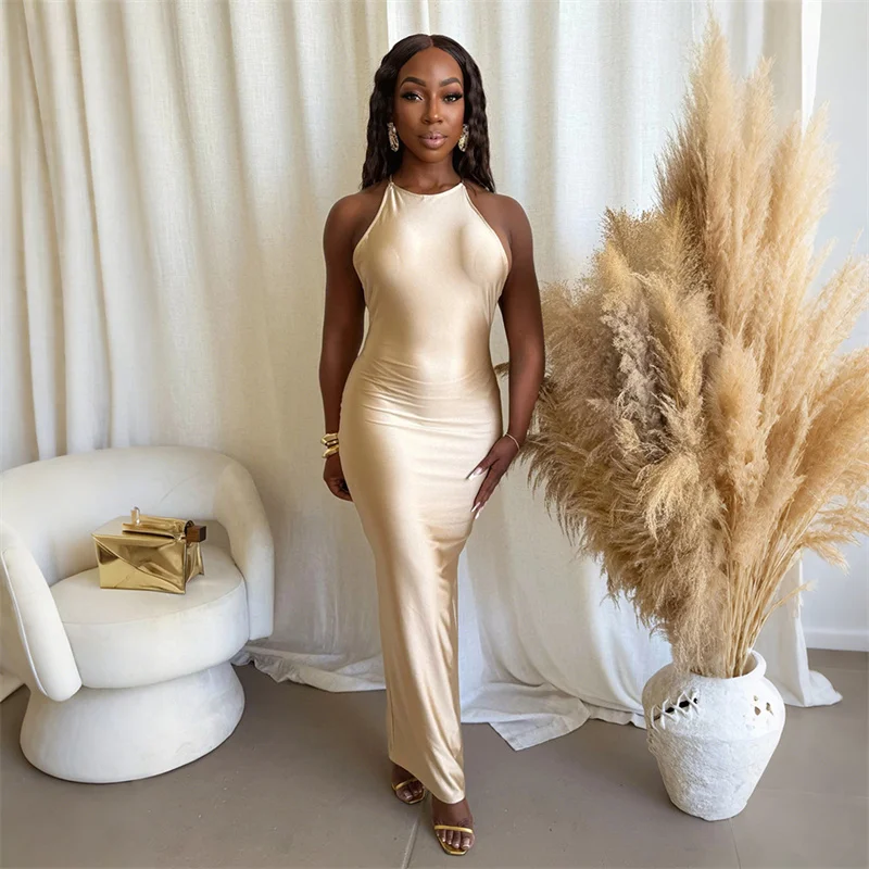 Doyerl elegante mode satijnen maxi-jurk voor dameskleding halter rugloze mouwloze nachtclub feest lange jurken verjaardag