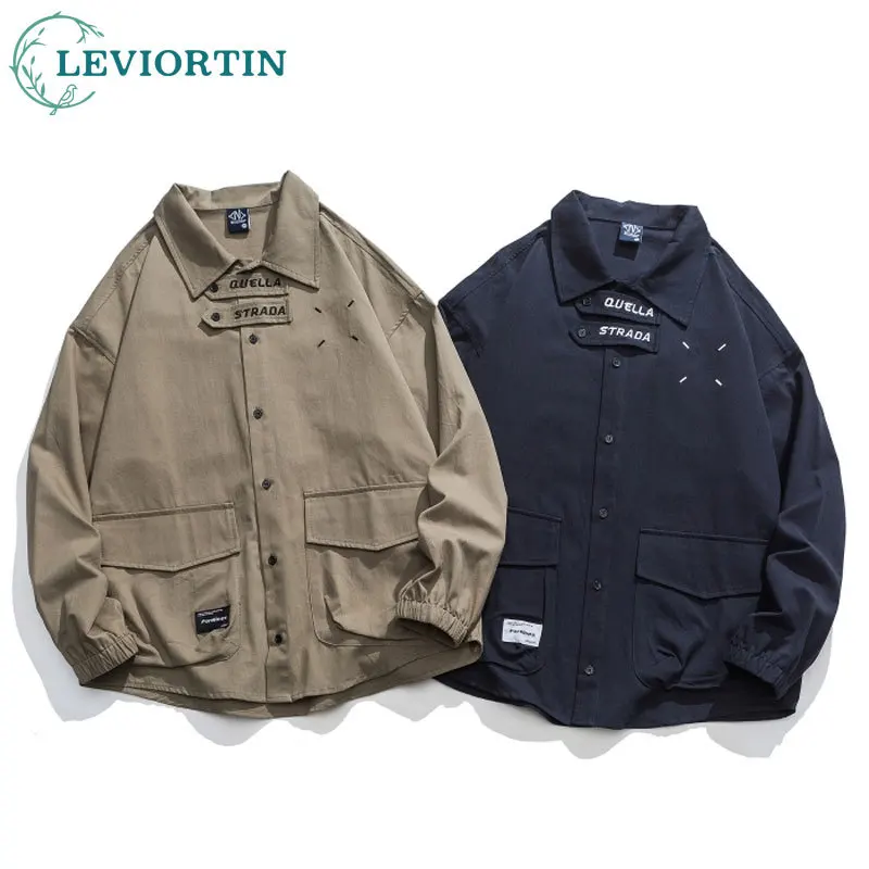 

Vintage Cargo Jacket And Coat For Men Streetwear Retro Japanease Graphic Letter Embroidery Jackets Fashion Button Up Loose Coats