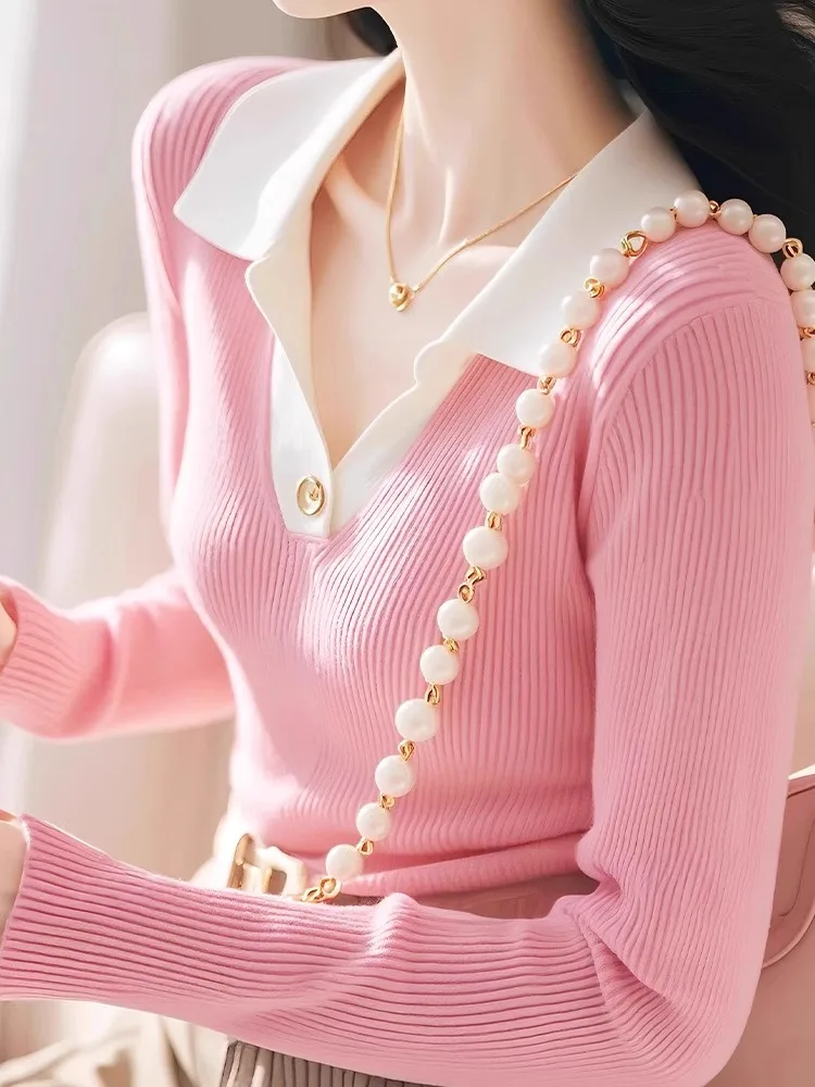 

Стильный корейский вязаный свитер с отложным воротником, цветными блоками, модный, универсальный, с длинными рукавами, незаменимый для осени и повседневной носки.