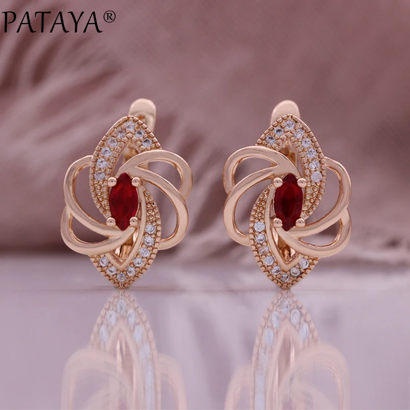 PATAYA Luxury 585 Rose Gold Color Drop Earrings for Women Unique Crystal Flower Natural Zircon Accessories Bridal Jewelry