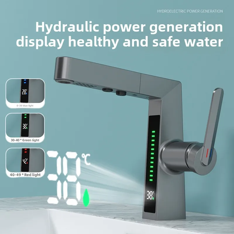 

Bathroom Faucet with Pull Out Sprayer and Digital Display for Hot and Cold Water, Dual Wash Basin Faucet with LED Function