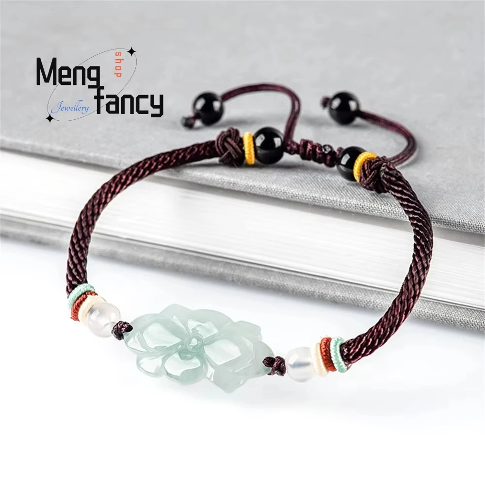 Original Natural Myanmar A Goods Jade Lotus Elegant Bracelet Hand-Woven Rope Couples Personality Rope Exquisite Popular Gift