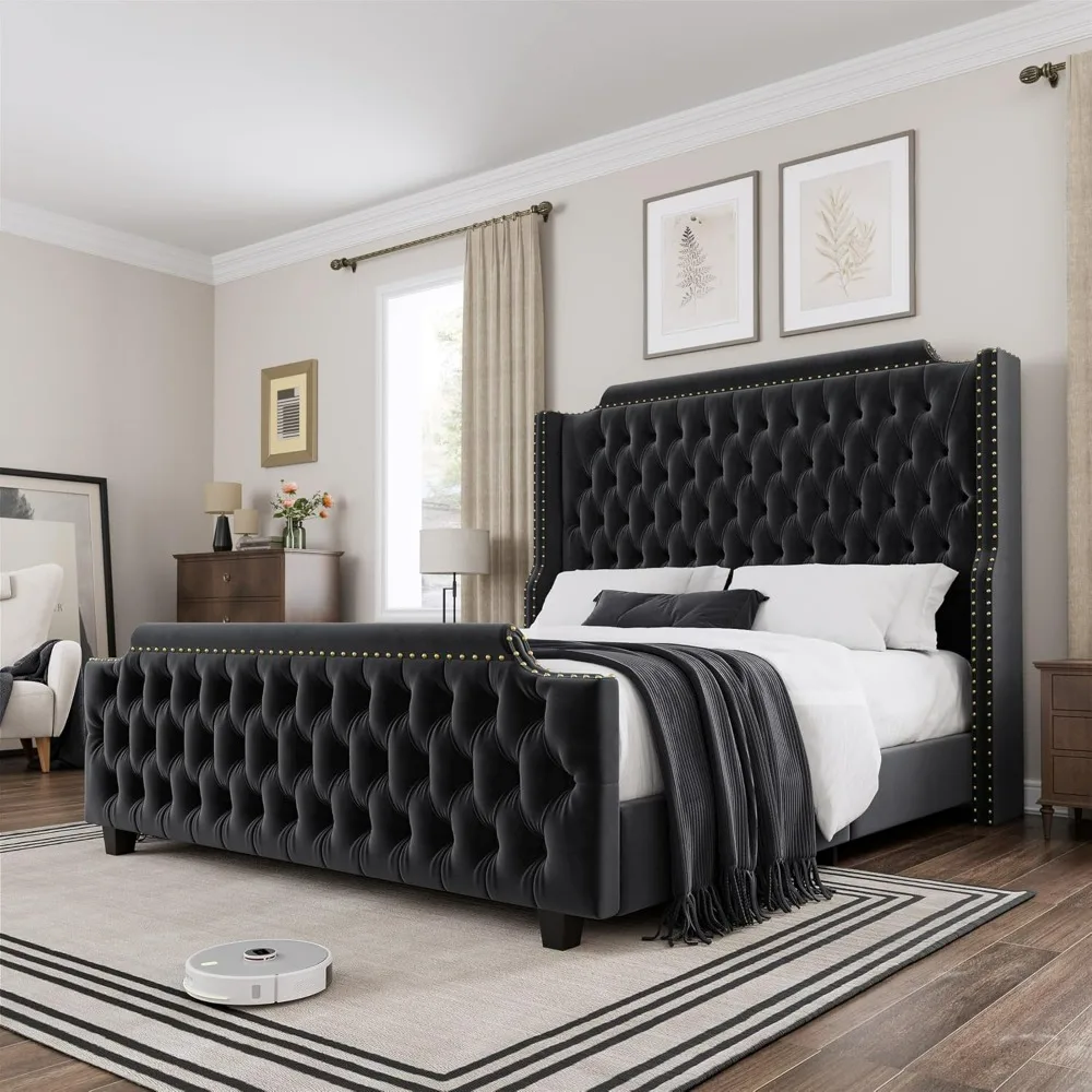 Bedroom Furniture Bed Frame, Tall Wingback Headboard & Deep Button Tufted Footboard with Handmade Pleats, Velvet Upholstered Bed