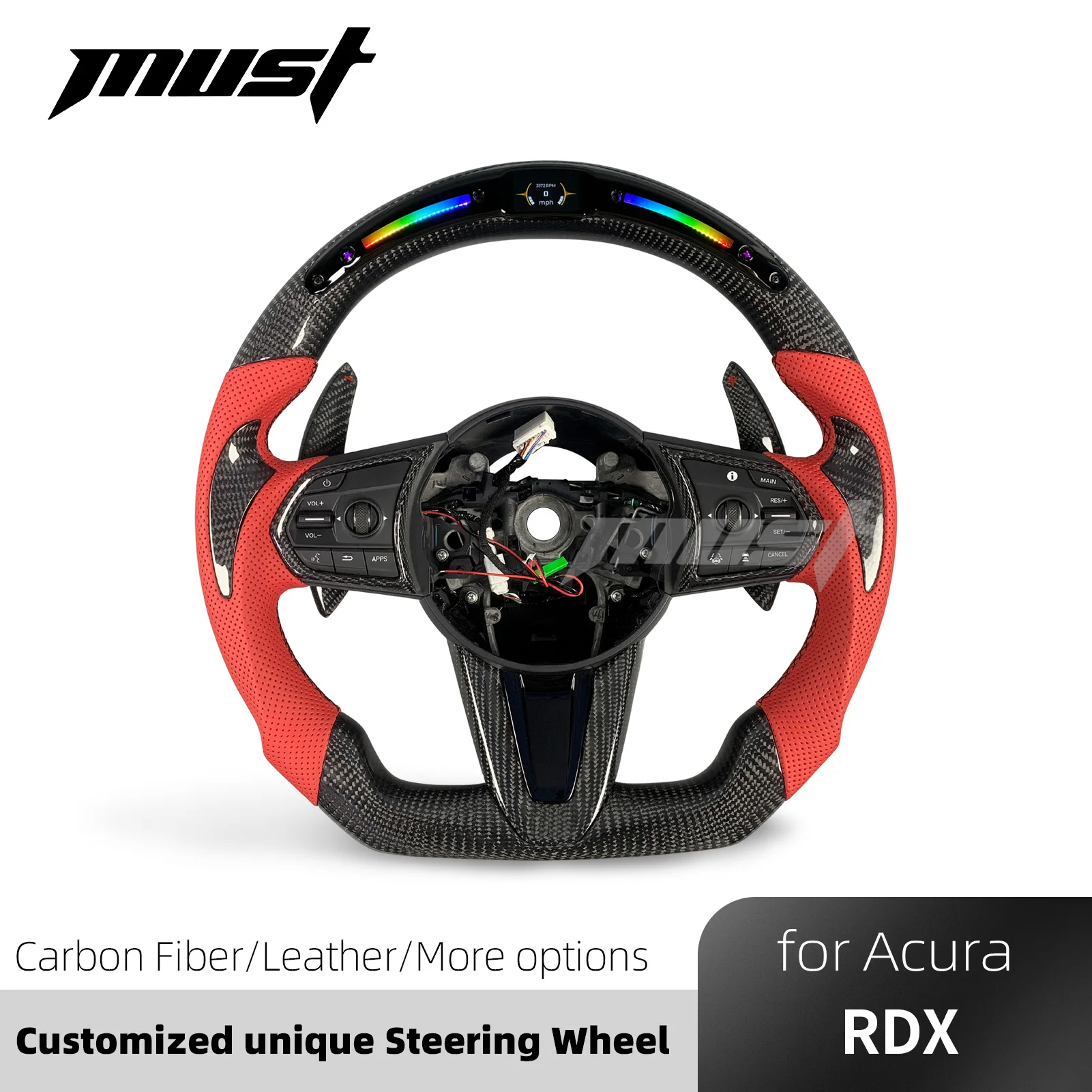 For Acura RDX A-Spec Advance 2019-2026 Interior Accessories Upgrade Custom Real Carbon Fiber Steering Wheel with LED Rpm Display