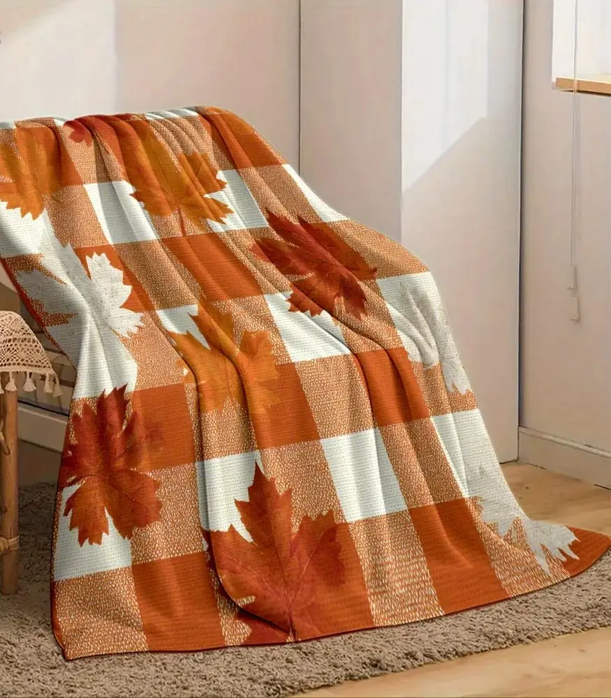 

1pc Fall Harvest Festival Orange Plaid Maple Leaf Blanket, Warm Fleece Throw, Ideal Festive Decor for Thanksgiving & Autumn