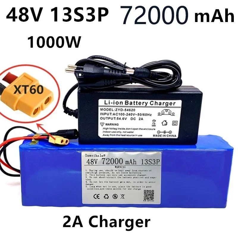 2024 48V 99999mAh 1000W 13S3P XT60 18650 Lithium Battery Pack 99AH for 54.6V E-bike Electric Bicycle Scooter with BMS+charger