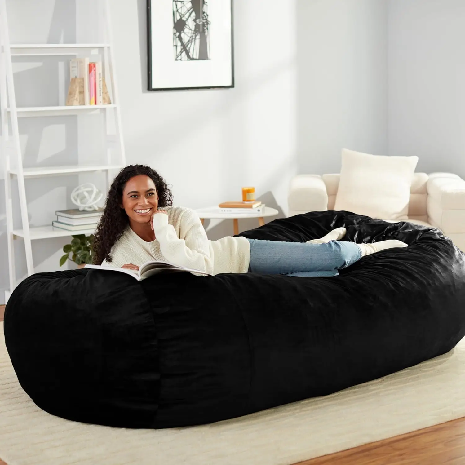 Memory Foam Filled Bean Bag Lounger with Microfiber Cover, 7 ft, Black, Solid