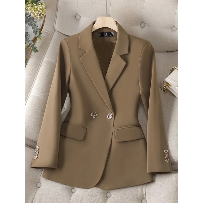 Blazer à double boutonnage à manches longues pour femmes, veste de bureau pour dames, manteau de document formel, bleu imbibé, noir, café, solide, mode féminine