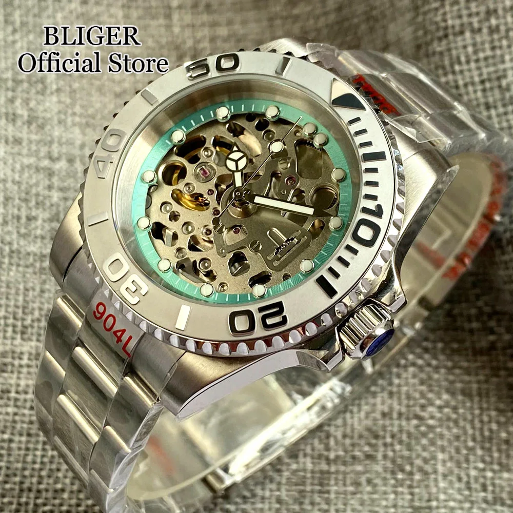 Luxury 40mm NH70A Mechanical Automatic Movement Mens Diving Watch 200M Waterproof Skeleton Dial Steel Bracelet Folding Buckle