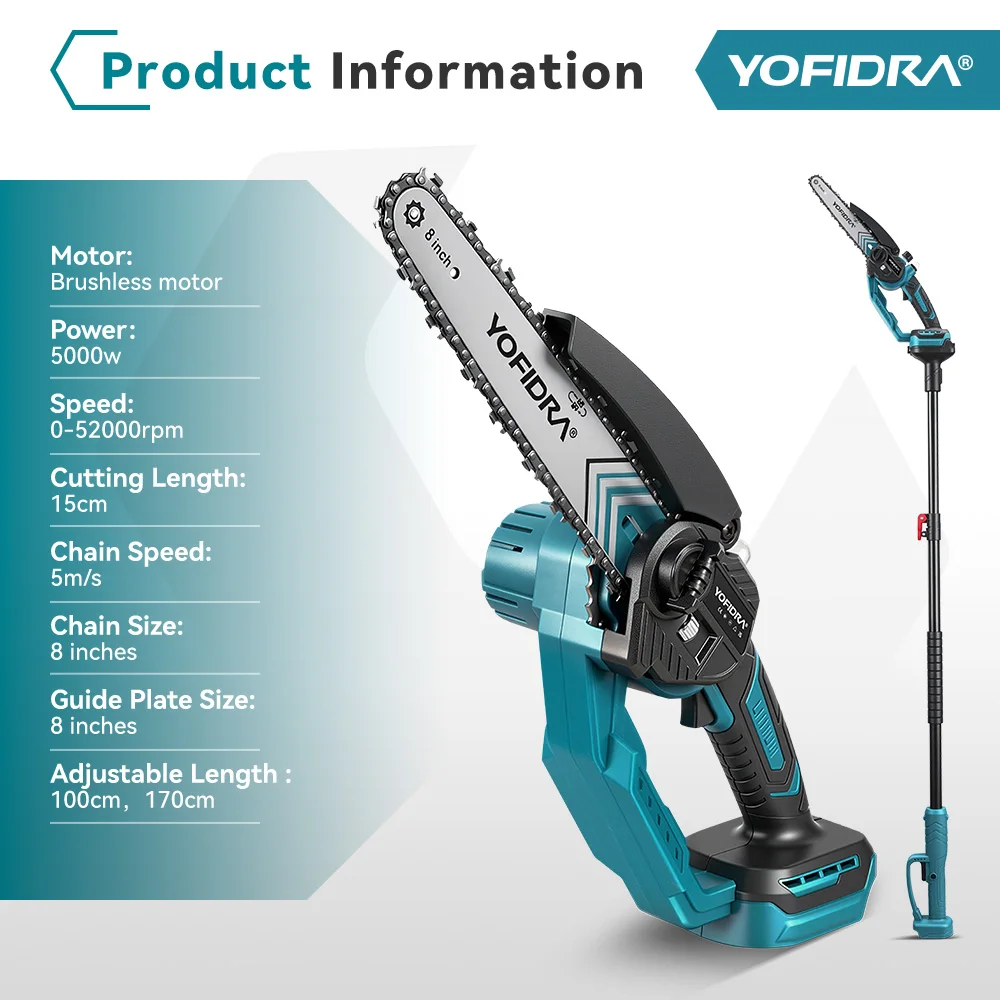 YOFIDRA 5000W 8Inch Brushless Electric Chainsaw Telescoping Pole High Branch Saw Garden Pruning Power Tool For 18V21V Batter Pin