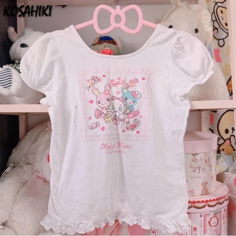 اليابانية Kawaii الكرتون تي شيرت مطبوع Harajuku عادية فضفاض نفخة كم بلايز 2025 الصيف المرأة لطيف الجرونج تكدرت القمم #1